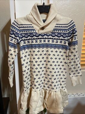 Polo by Ralph Lauren Cream and Navy Fair Isle Shawl-Collar Sweater Dress